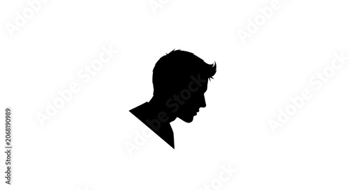 Silhouette of a young mans head looking down against a white background.