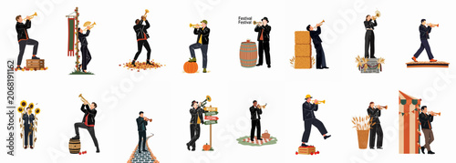 Canvas Print Diverse collection of musicians playing trumpets in various autumn harvest festival settings, flat vector illustration style
