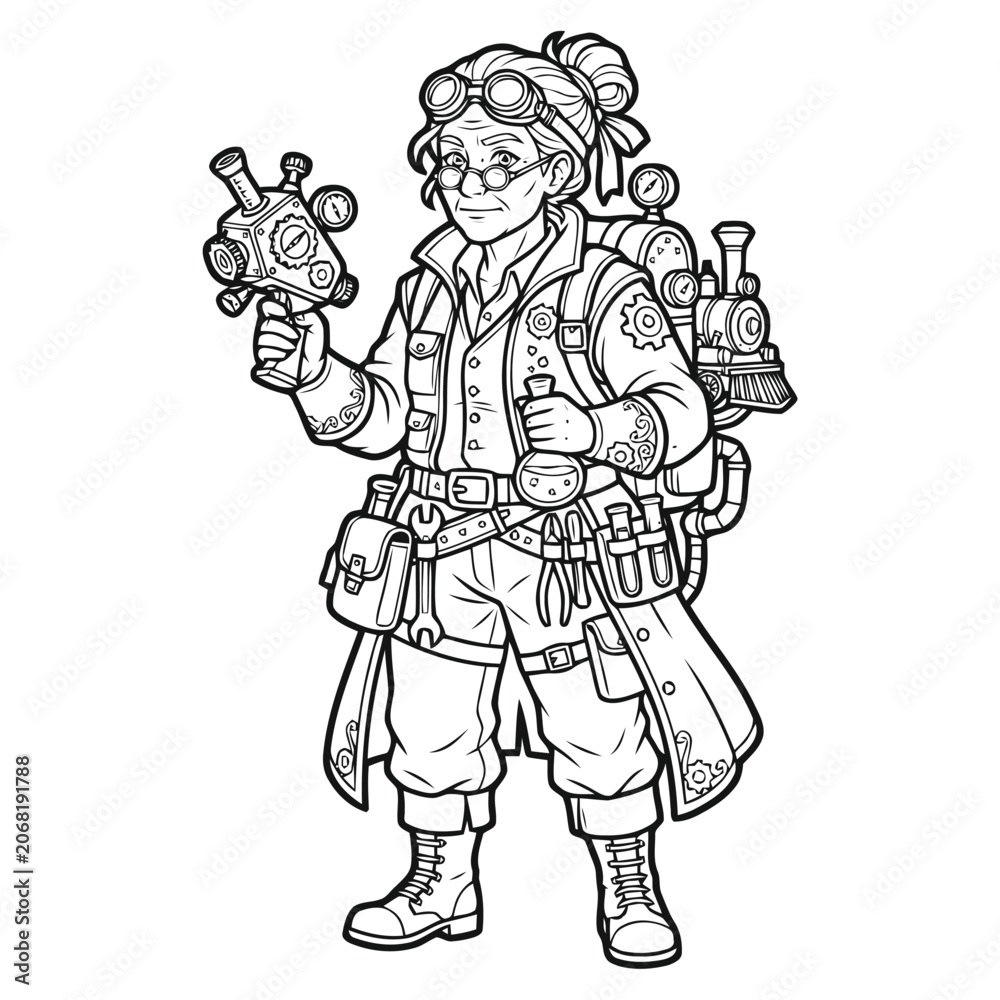 Fototapeta premium Steampunk female inventor character with goggles and mechanical gear for adult coloring book line art vector illustration