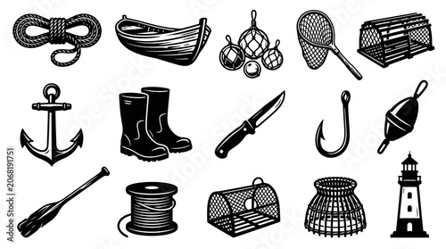 Vintage Black and White Engraved Fishing and Nautical Marine Equipment Icons Set