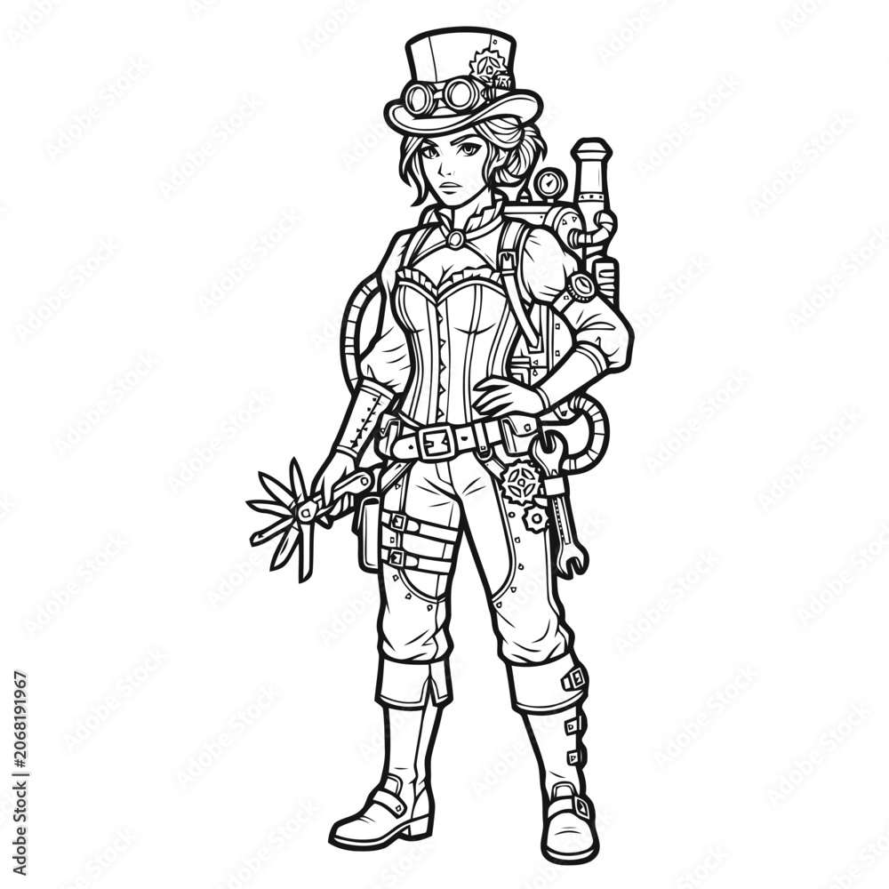 Obraz premium Steampunk Female Character with Mechanical Gear Gadgets and Protective Goggles Line Art Illustration for Coloring Pages