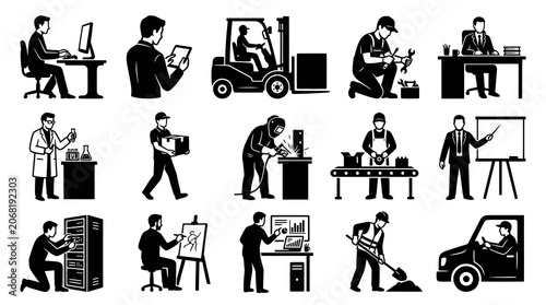 Diverse Professions Icon Set: Black and White Glyph Art