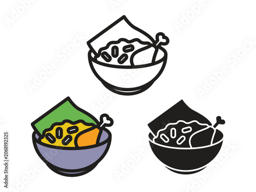 Indonesian Nasi Uduk Yellow Rice Bowl Icon Set, Traditional Culinary Food Menu Logo Line Flat Silhouette Vector Illustration Template