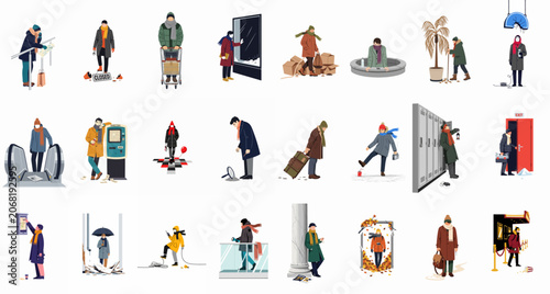 Schilderij op canvas Collection of diverse flat vector characters in winter clothing performing various everyday and surreal activities, isolated on a white background