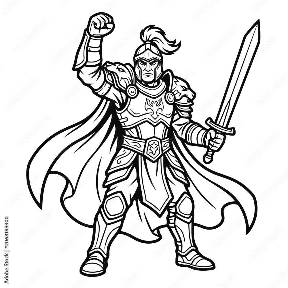 Fototapeta premium Black and white illustration of a victorious armored medieval knight holding a sword and wearing a cape standing in a powerful heroic pose