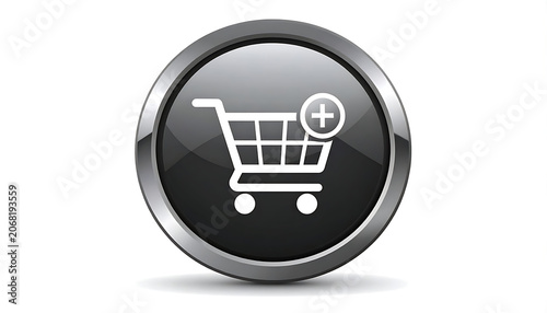 Glossy black circular add to cart button with metallic chrome border and white shopping trolley icon.