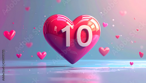 Glossy pink heart with number ten for anniversary or social media milestone celebration.