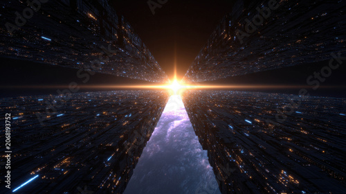 Futuristic city skyline at sunset, with glowing lights and a dramatic sky. The architecture is sleek and modern, suggesting a technologically advanced civilization