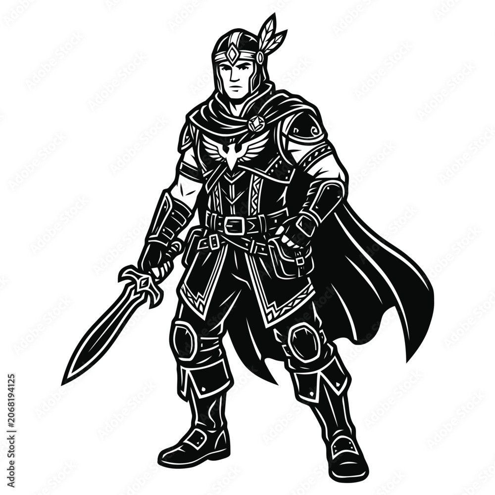 Obraz premium Black and White Illustration of a Valiant Medieval Fantasy Warrior Holding a Sword