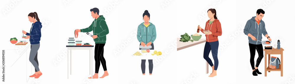 Obraz premium Set of diverse people in athletic wear preparing healthy meals and packing food containers for meal prep and a balanced lifestyle.