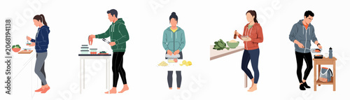 Foto Set of diverse people in athletic wear preparing healthy meals and packing food containers for meal prep and a balanced lifestyle