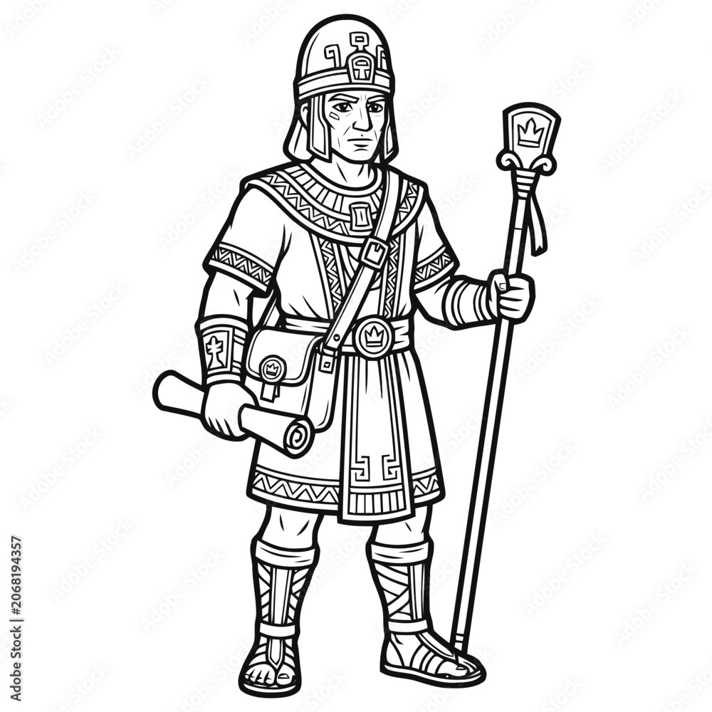 Obraz premium Ancient Royal Scribe Standing with Staff and Scroll Illustration in Black and White Outline Style