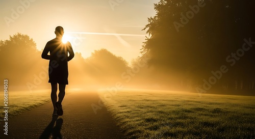 Silhouette Jogger Running on Sunlit Path at Dawn