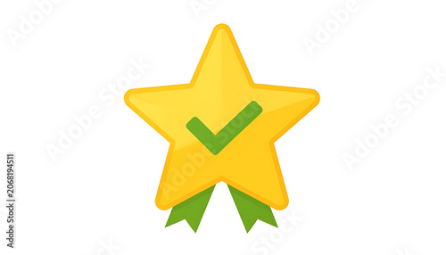 Golden star award icon with green check mark and ribbon for success and achievement.