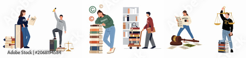Konstfotografi Set of flat vector illustrations featuring university students engaged in legal studies, research, copyright law, and the pursuit of justice