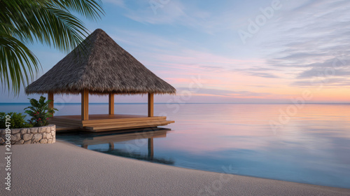 A serene beach with a thatched-roof hut at sunset. The calm ocean reflects the pastel colors of the sky, creating a tranquil and idyllic scene