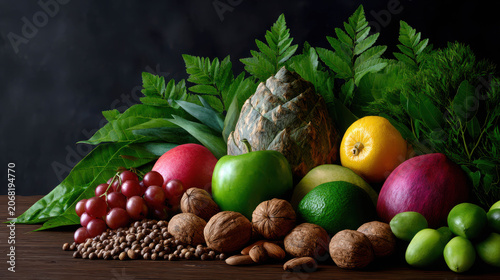 An artistic still life arrangement of various fresh fruits, vegetables, nuts, and coffee beans, set against a dark, dramatic backdrop with lush green leaves