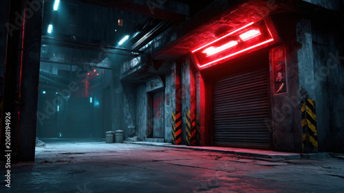 An industrial alleyway bathed in the eerie glow of neon lights. The scene is dark and moody, with a hint of mystery