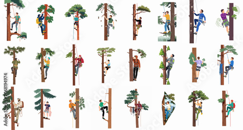 Schilderij op canvas A collection of professional arborists and outdoor enthusiasts climbing and working on tall pine trees using specialized equipment and safety gear