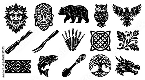 Woodcarving Craft and Traditional Art Tools, Symbols, Animals - Black and White Vector Icons Collection