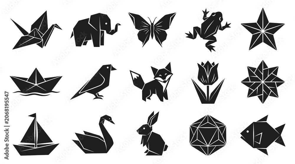 Fototapeta premium Origami Style Vector Icons Set: Geometric Animals, Nature, and Objects in Black and White Silhouette