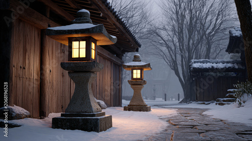 Two stone lanterns glowing warmly in a snow-covered Japanese garden. The traditional architecture and soft light create a serene and tranquil atmosphere