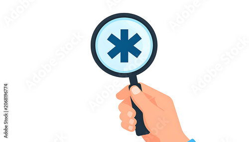 Hand holding magnifying glass over medical star of life symbol for healthcare research.