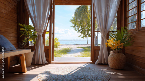Open wooden doors revealing a stunning beach view with palm trees, the ocean, and blue sky. Inside, a wooden bench and a large vase with yellow flowers suggest a serene getaway