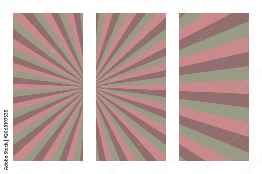 Obraz premium Triptych Sunburst Background with Muted Pink and Sage Green Radial Stripes for Modern Graphic Design Projects