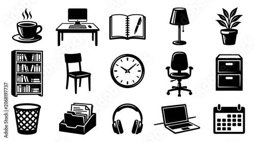Office and Workspace Glyph Icons Set. Business Furniture, Equipment, and Supplies in Solid Black  White Vector Style.