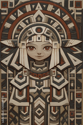 Geometric tribal idol in earthy tones Inca Inti wallpaper