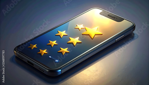 Modern smartphone displaying glowing gold rating stars on screen for customer feedback and online reviews.