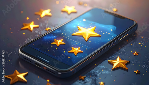 Modern smartphone displaying glowing gold stars for customer feedback and five star rating concept.