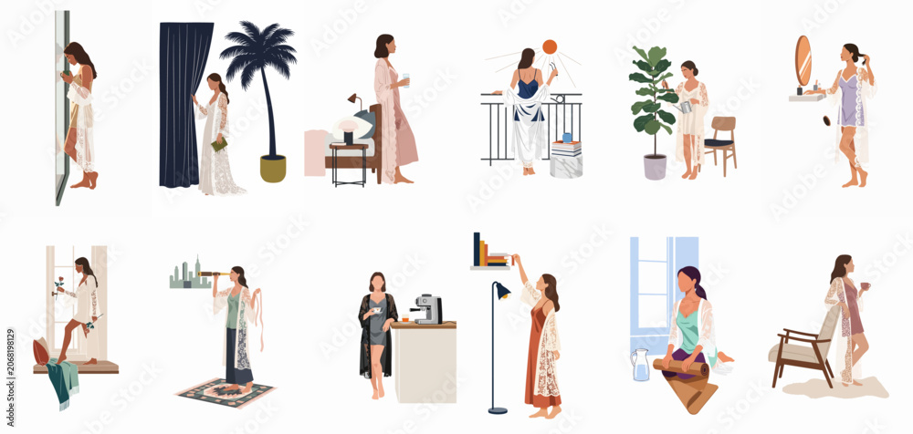 Fototapeta premium Set of modern flat illustrations showing diverse women performing daily routines at home in elegant loungewear and robes