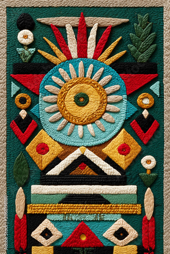 Colorful geometric embroidery featuring Inca Inti sun motif wallpaper