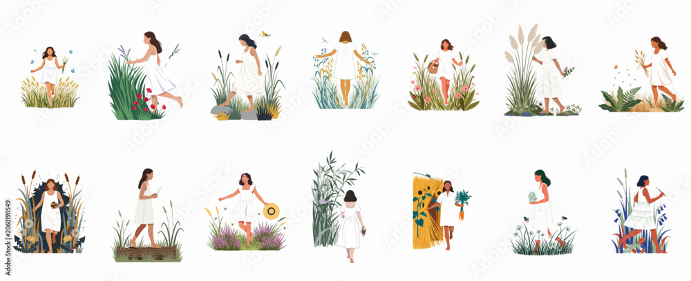 Fototapeta premium Collection of minimalist flat vector illustrations featuring girls and women in white dresses enjoying various natural settings like meadows, fields, and gardens.