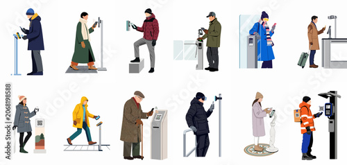 Bild auf Leinwand Diverse collection of people in winter clothing using smartphones and cards at electronic terminals for payment, access control, and ticketing