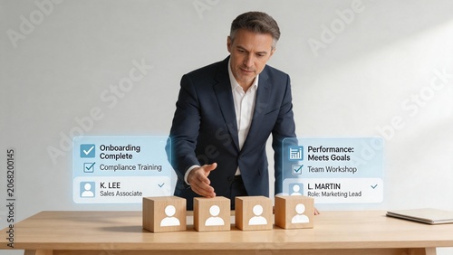 Businessman arranging blocks with employee info