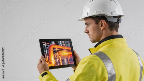 Engineer in safety gear viewing industrial pipes on tablet