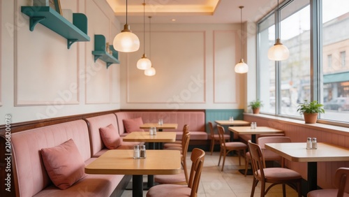 Interior of a cozy cafe with pink seating
