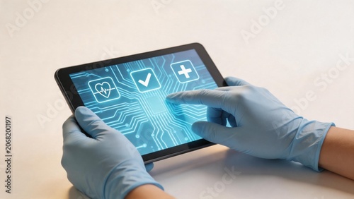 Person in gloves using tablet with medical icons