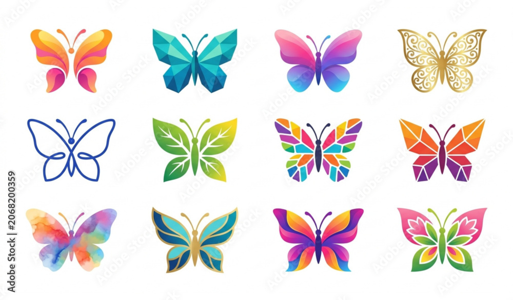 Fototapeta premium Beautiful butterfly logo design elements and colorful insect vector icons set.