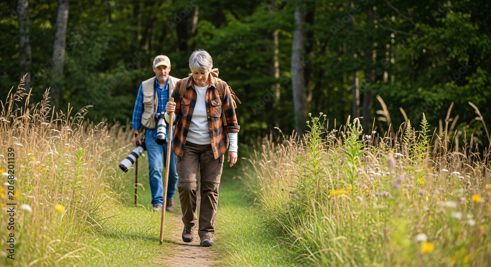 Fototapeta premium Elderly couple enjoying a peaceful hike on a nature trail surrounded by lush green foliage and wildflowers.
