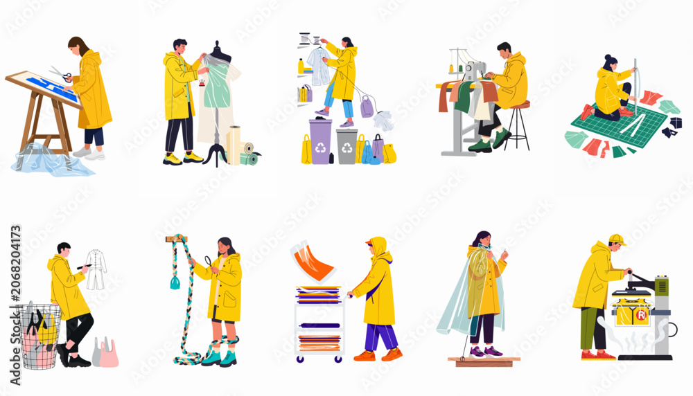 Fototapeta premium Vector set of characters in yellow coats working in sustainable fashion manufacturing, recycling, designing, and sewing clothes for a circular economy.