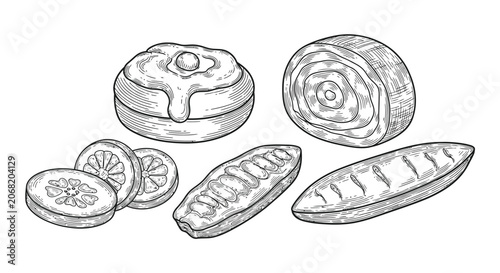 Close-up of a sliced cucumber vegetable illustration in black and white