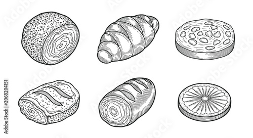 Hand drawn sketch of a fresh bread roll isolated on a white background