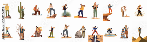 Cuadro en lienzo Collection of desert explorers and hikers navigating with compasses and maps in various arid landscapes, flat vector illustration