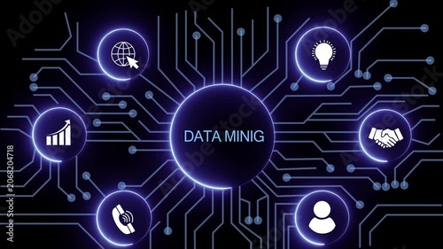 DATA mining concept with circuit lines and digital symbols hovering above a businessman, technology. manufacturing process management all connected in a digital circle like pattern.