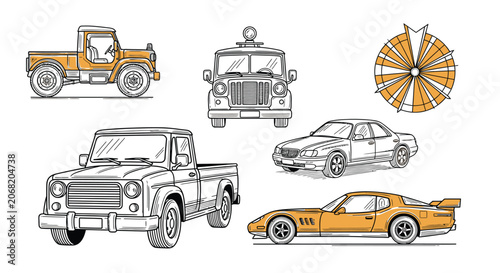 Front view of a vintage car bumper and headlight in black and white line art
