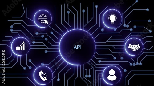 API concept with circuit lines and digital symbols hovering above a businessman, technology. manufacturing process management all connected in a digital circle like pattern.